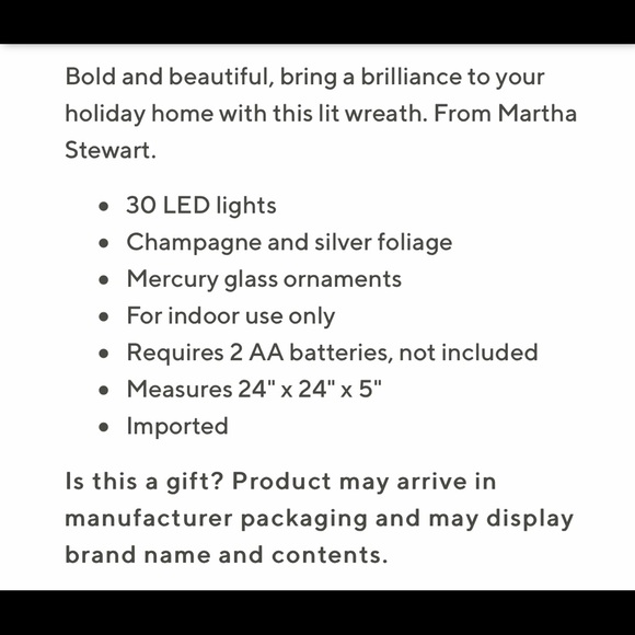 NEW Martha Stewart Lighted Metallic Gold Holiday Wreath - Picture 3 of 3